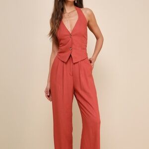 Lulus Relaxed Darling Rust Linen High-waisted Trouser Pants Red - Size M